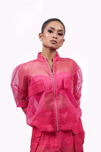Hot Pink Organza Bomber Jacket – Translucent Utility Layer | VybTheory
