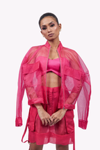 Hot Pink Organza Bomber Jacket – Translucent Utility Layer | VybTheory