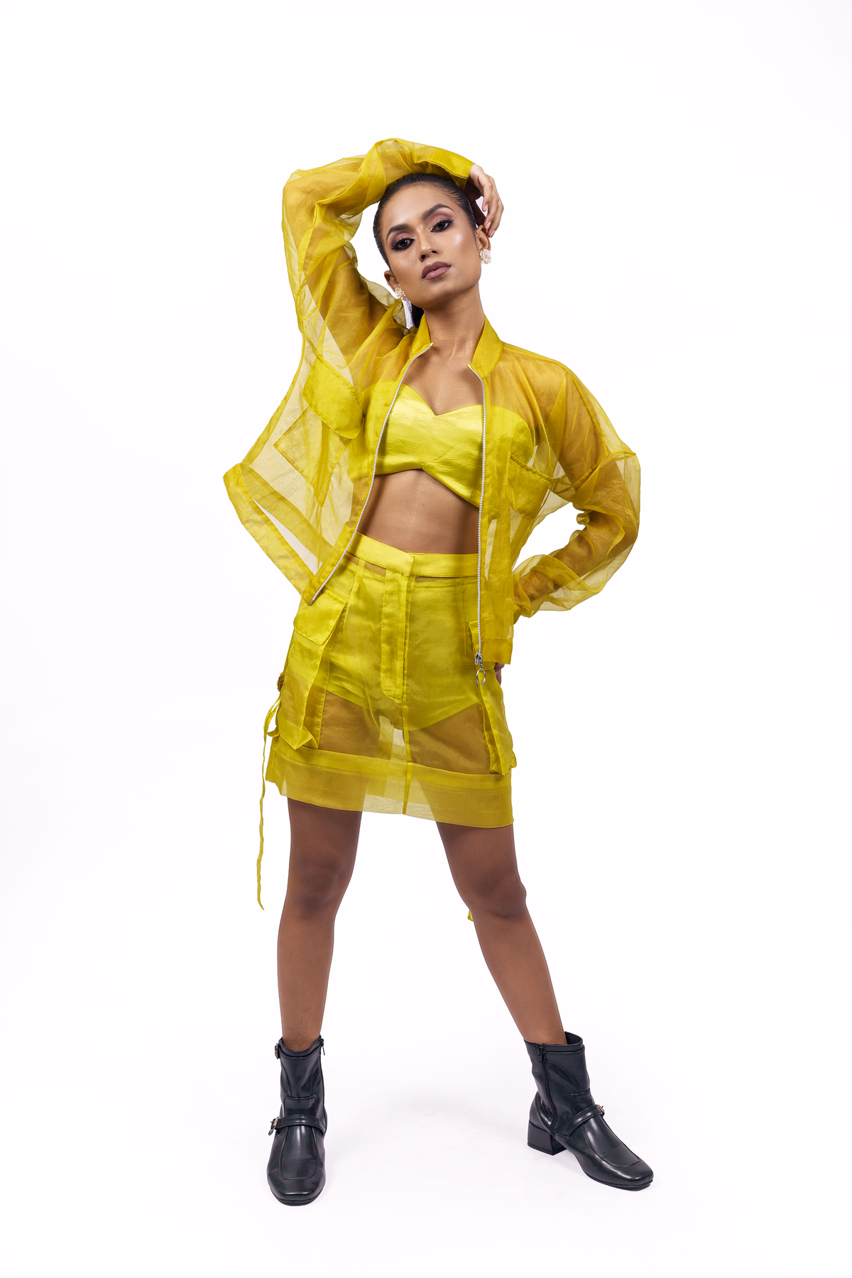 Citron Organza Bomber Jacket – Translucent Utility Layer | VybTheory