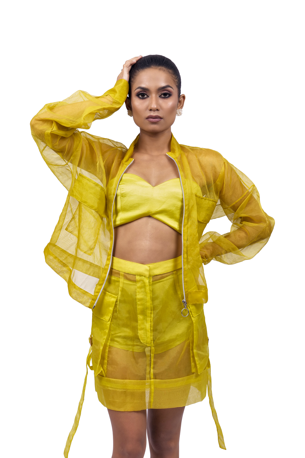 Citron Organza Bomber Jacket – Translucent Utility Layer | VybTheory