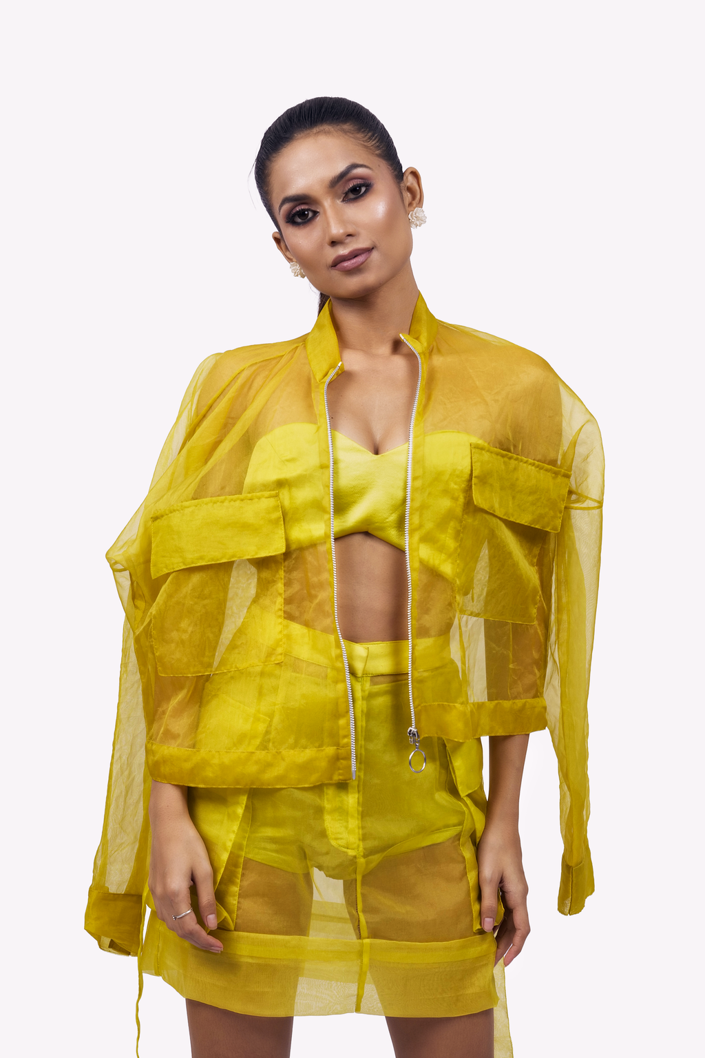 Citron Organza Bomber Jacket – Translucent Utility Layer | VybTheory