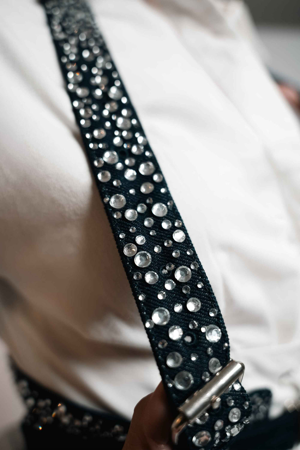 Crystal Studded Denim Harness Belt – Statement Layer | VybTheory