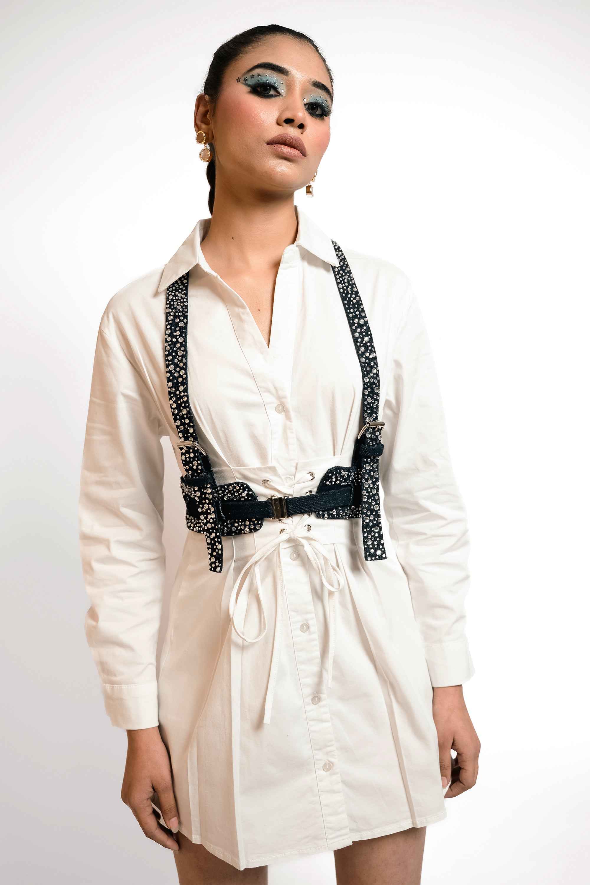Crystal Studded Denim Harness Belt – Statement Layer | VybTheory