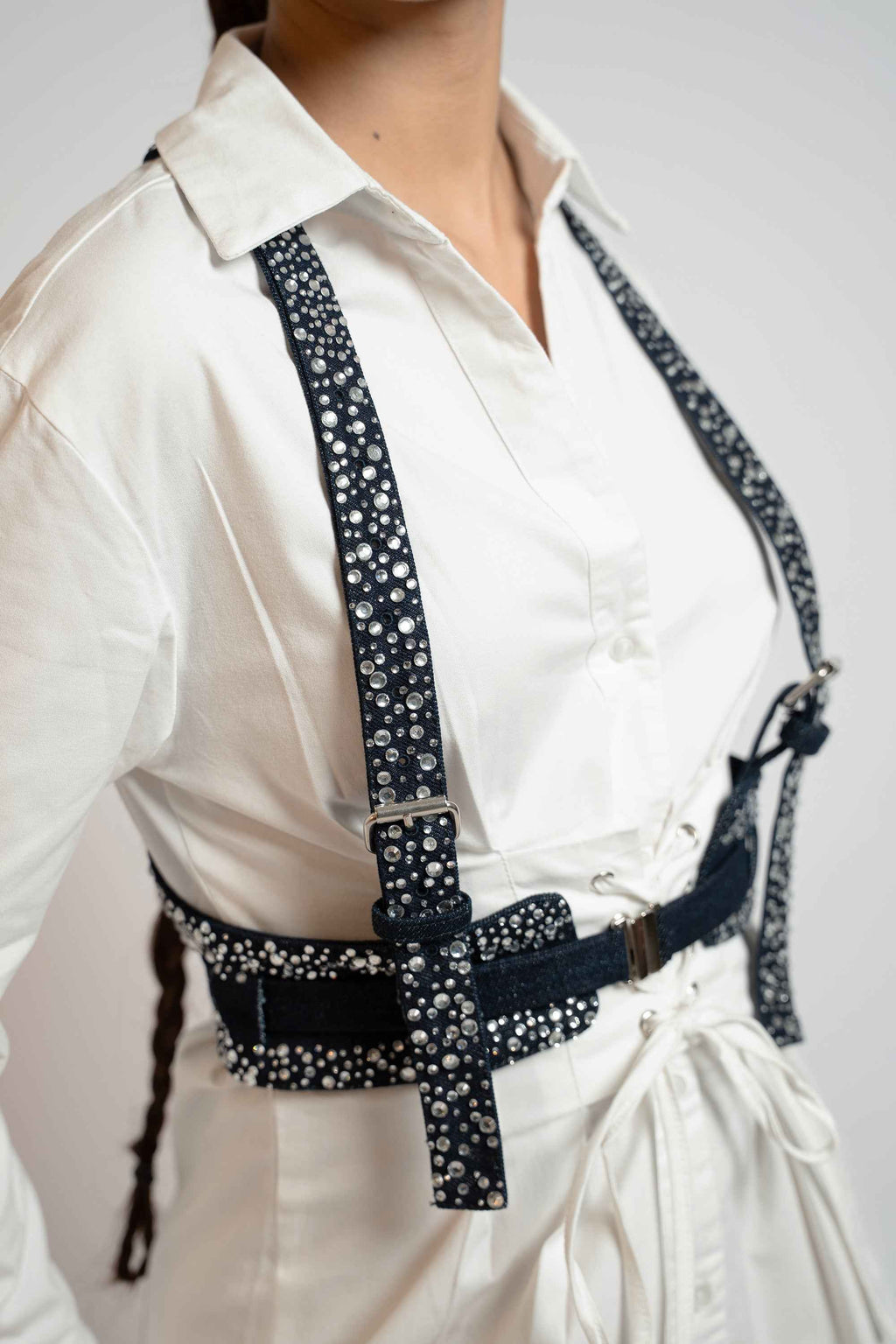 Crystal Studded Denim Harness Belt – Statement Layer | VybTheory