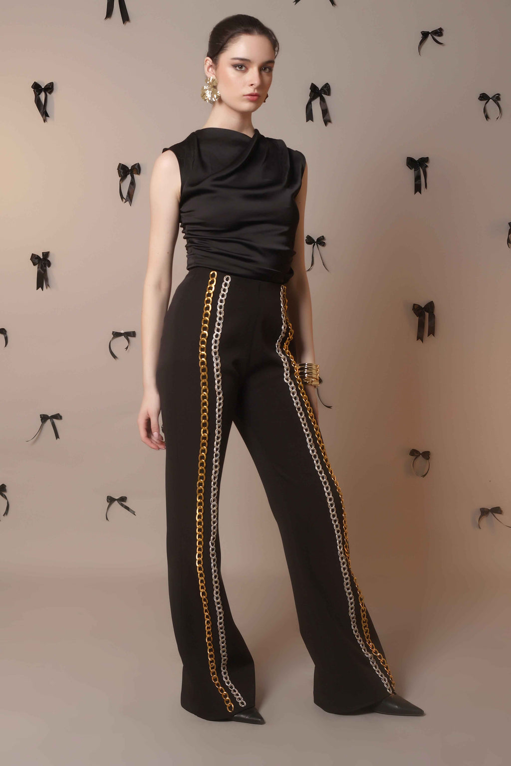 Chain Reaction Flared Trousers – Dual Metal Detail - Vybtheory