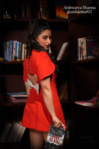 Bold Scarlet Bow-Back Mini Dress with Puff Sleeves