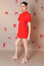 Bold Scarlet Bow-Back Mini Dress with Puff Sleeves - Vybtheory