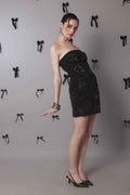 Noir Bloom Strapless Embellished Mini Dress – Hand Beaded Floral Detail - Vybtheory