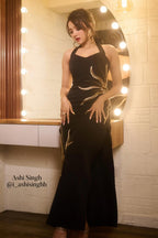 Solar Vein Embroidered Halter Gown – Black Gold Eclipse | VybTheory