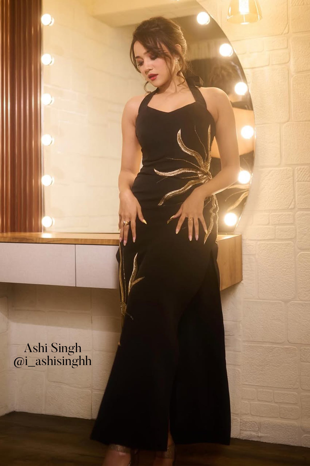 Solar Vein Embroidered Halter Gown – Black Gold Eclipse | VybTheory