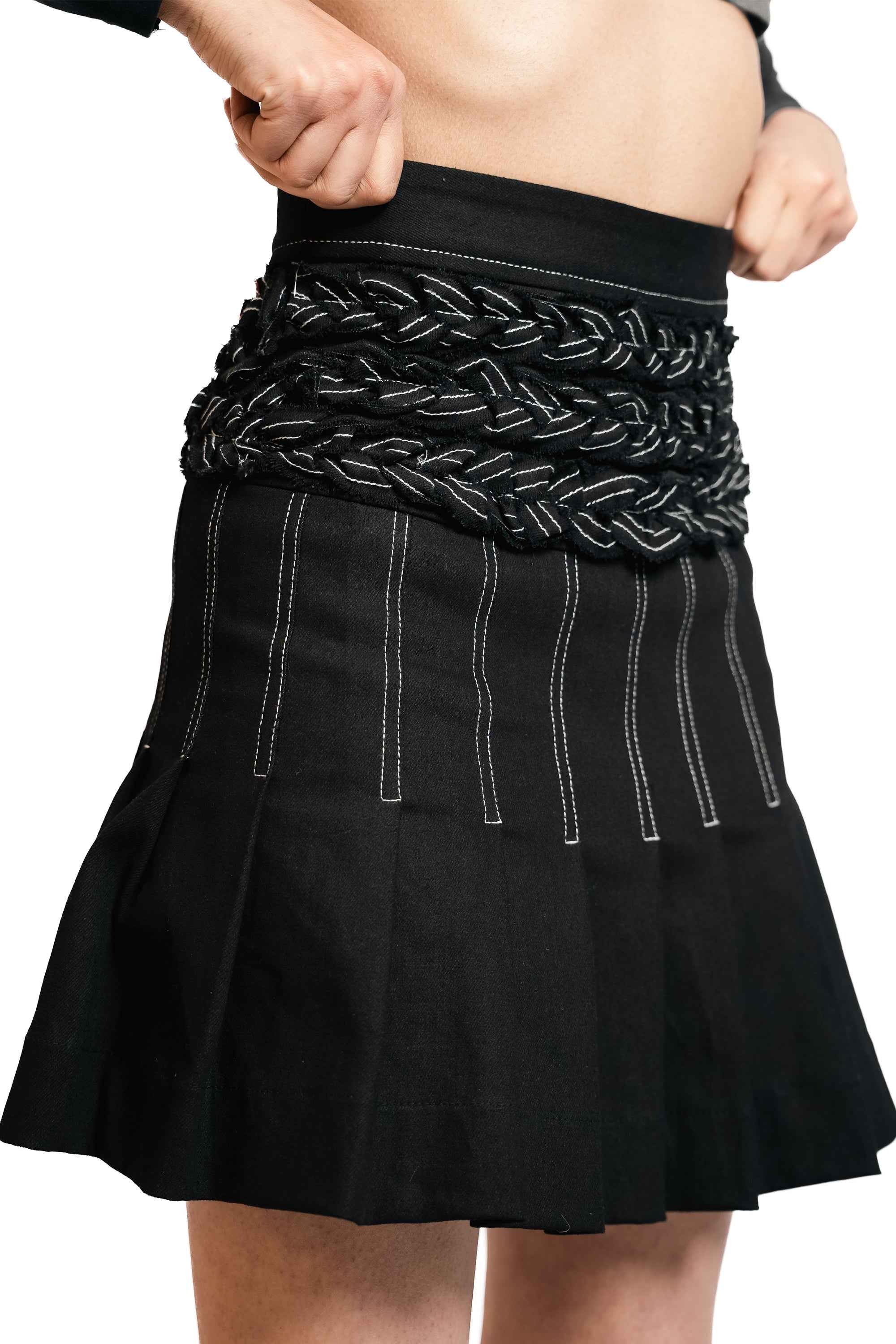 Braided Waist Denim Skort – Deconstructed Pleat | VybTheory