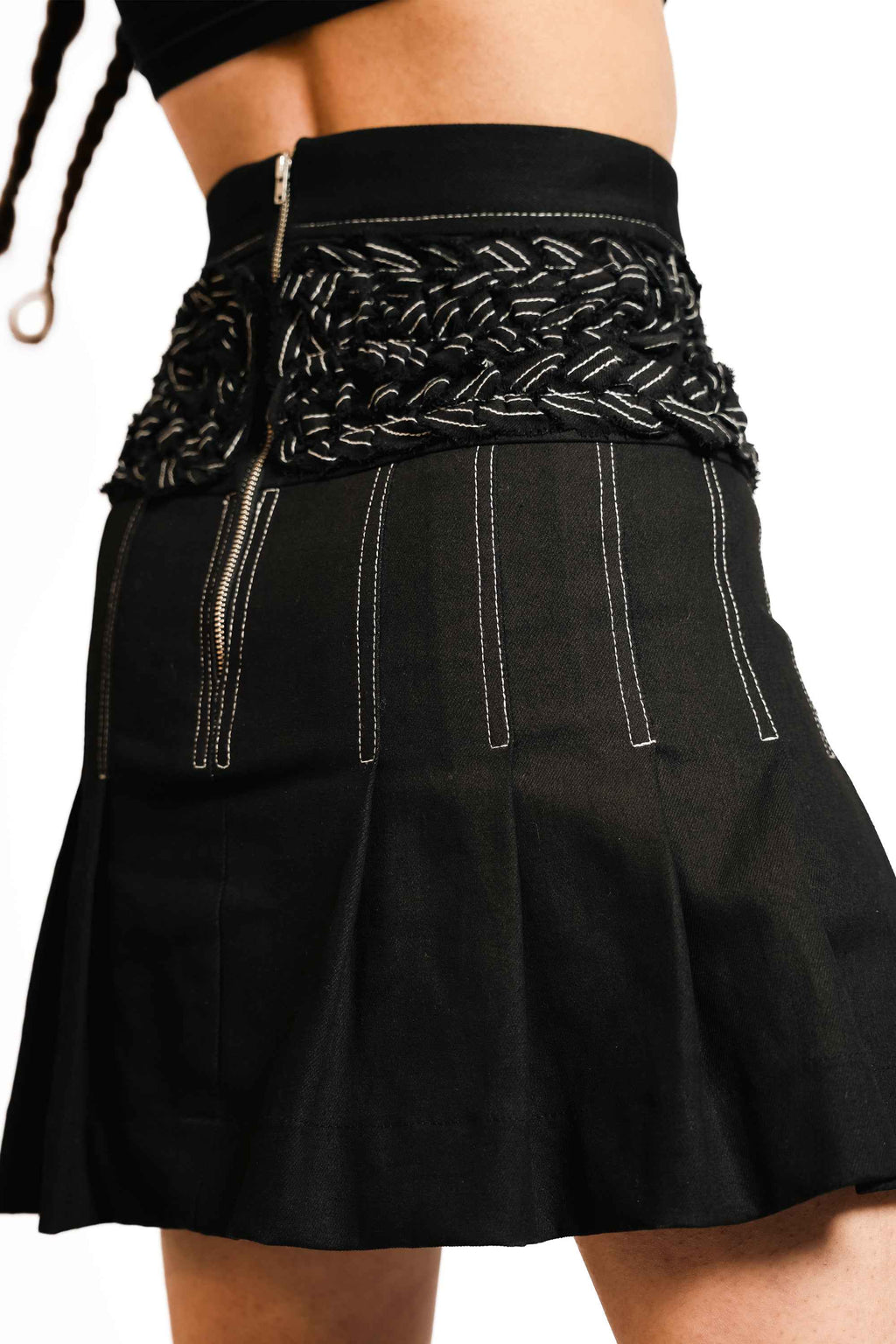 Braided Waist Denim Skort – Deconstructed Pleat | VybTheory