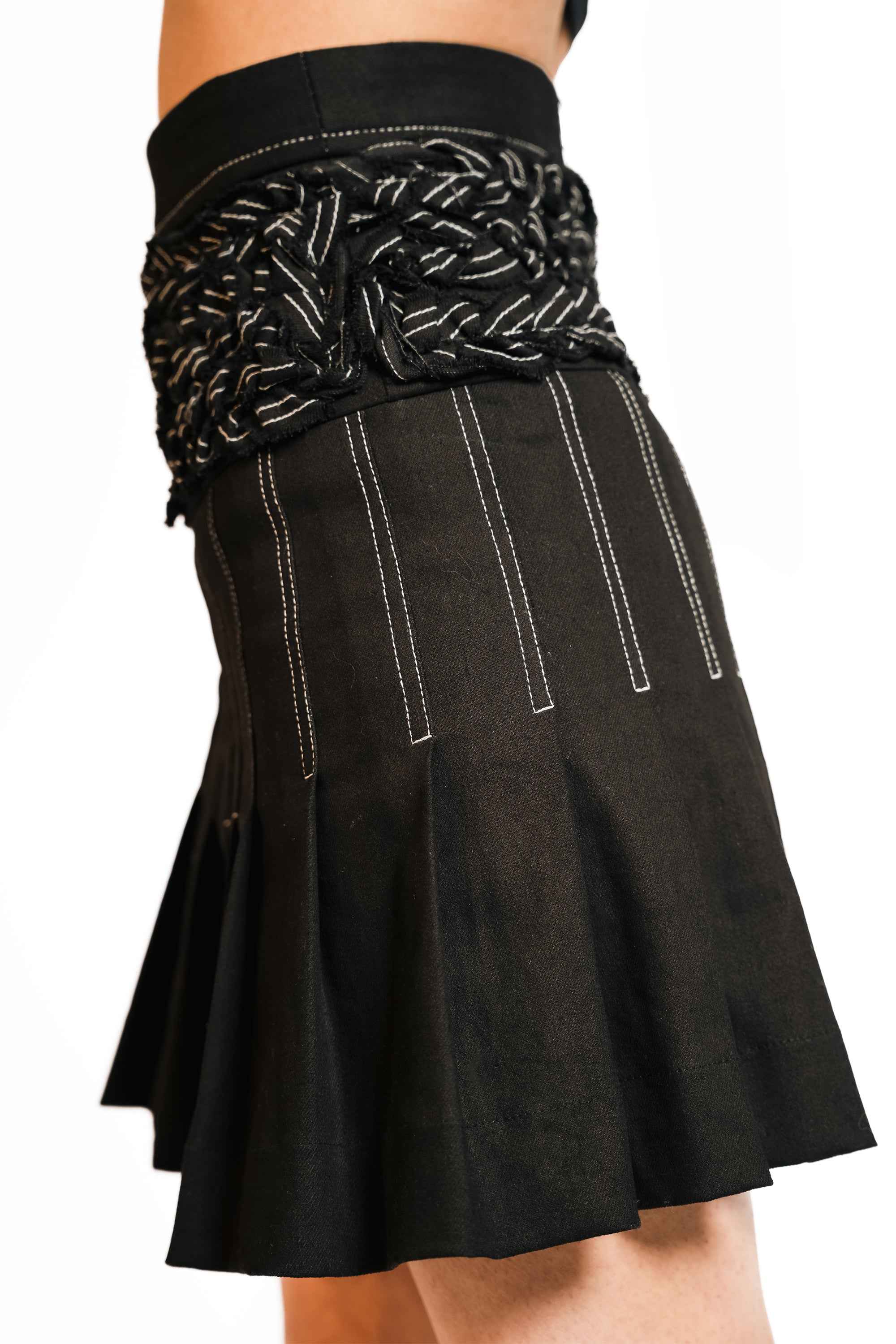 Braided Waist Denim Skort – Deconstructed Pleat | VybTheory