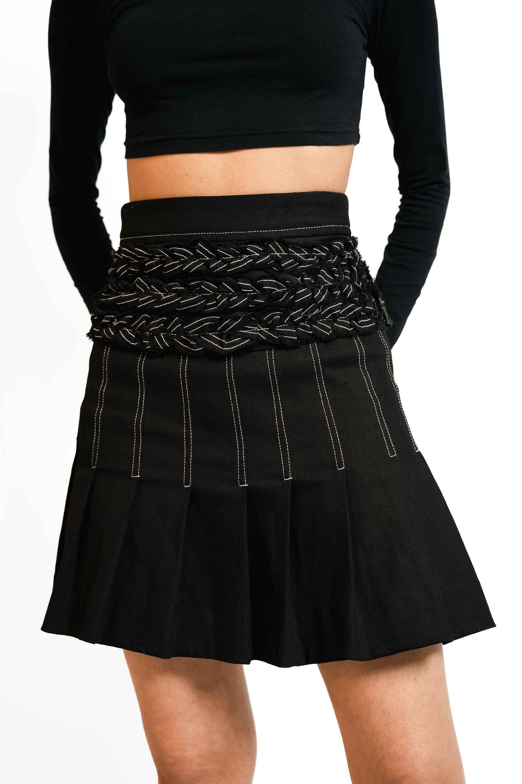 Braided Waist Denim Skort – Deconstructed Pleat | VybTheory