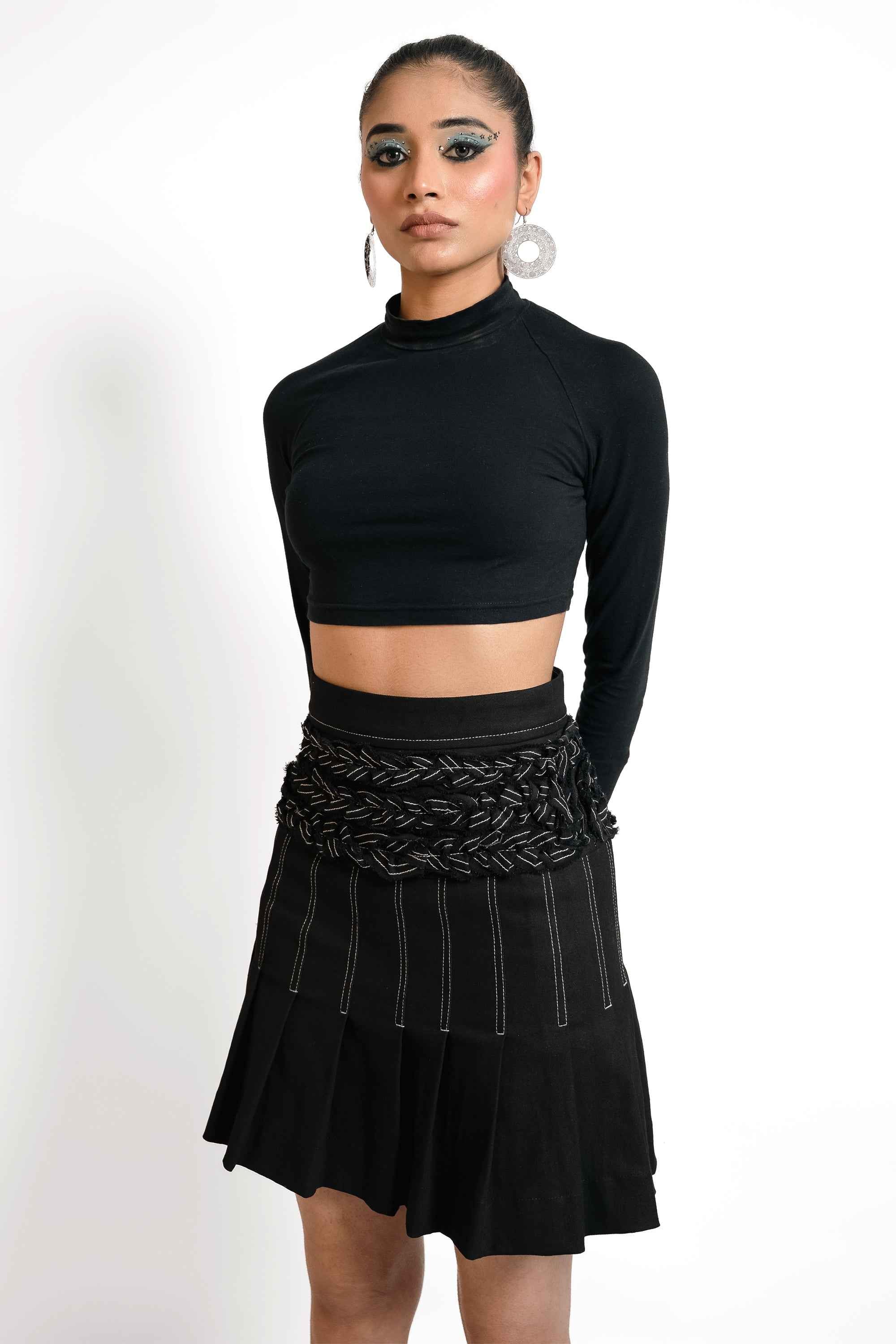 Braided Waist Denim Skort – Deconstructed Pleat | VybTheory