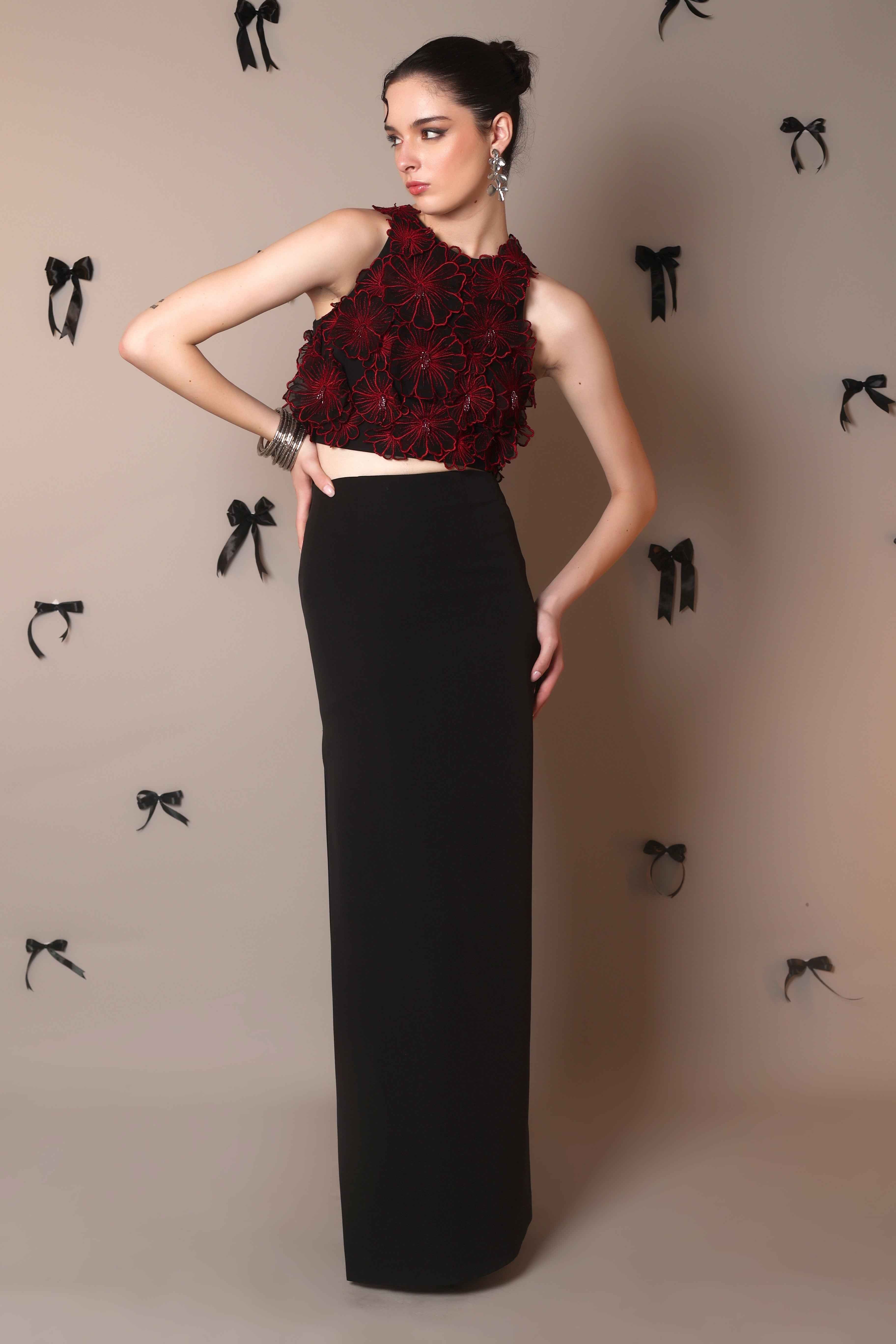 Red 3D Floral Embroidered Crop Top – Petal Rush - Vybtheory