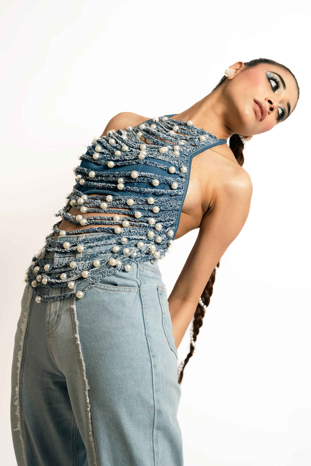 Pearl Braided Denim Halter Top – Sculptural Statement | VybTheory
