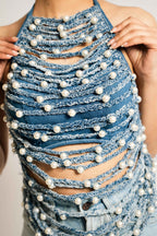 Pearl Braided Denim Halter Top – Sculptural Statement | VybTheory