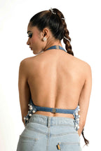 Pearl Braided Denim Halter Top – Sculptural Statement | VybTheory