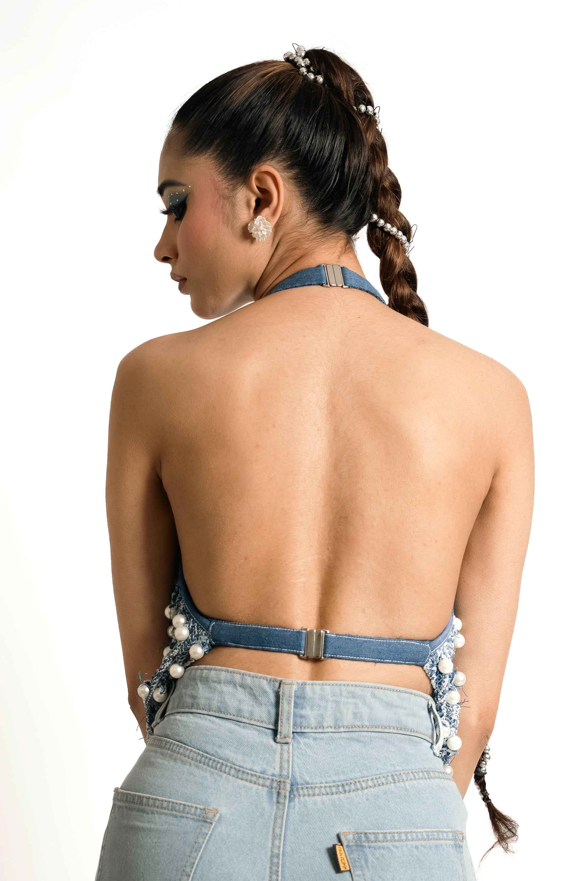 Pearl Braided Denim Halter Top – Sculptural Statement | VybTheory
