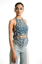 Pearl Braided Denim Halter Top – Sculptural Statement | VybTheory