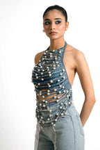 Pearl Braided Denim Halter Top – Sculptural Statement | VybTheory