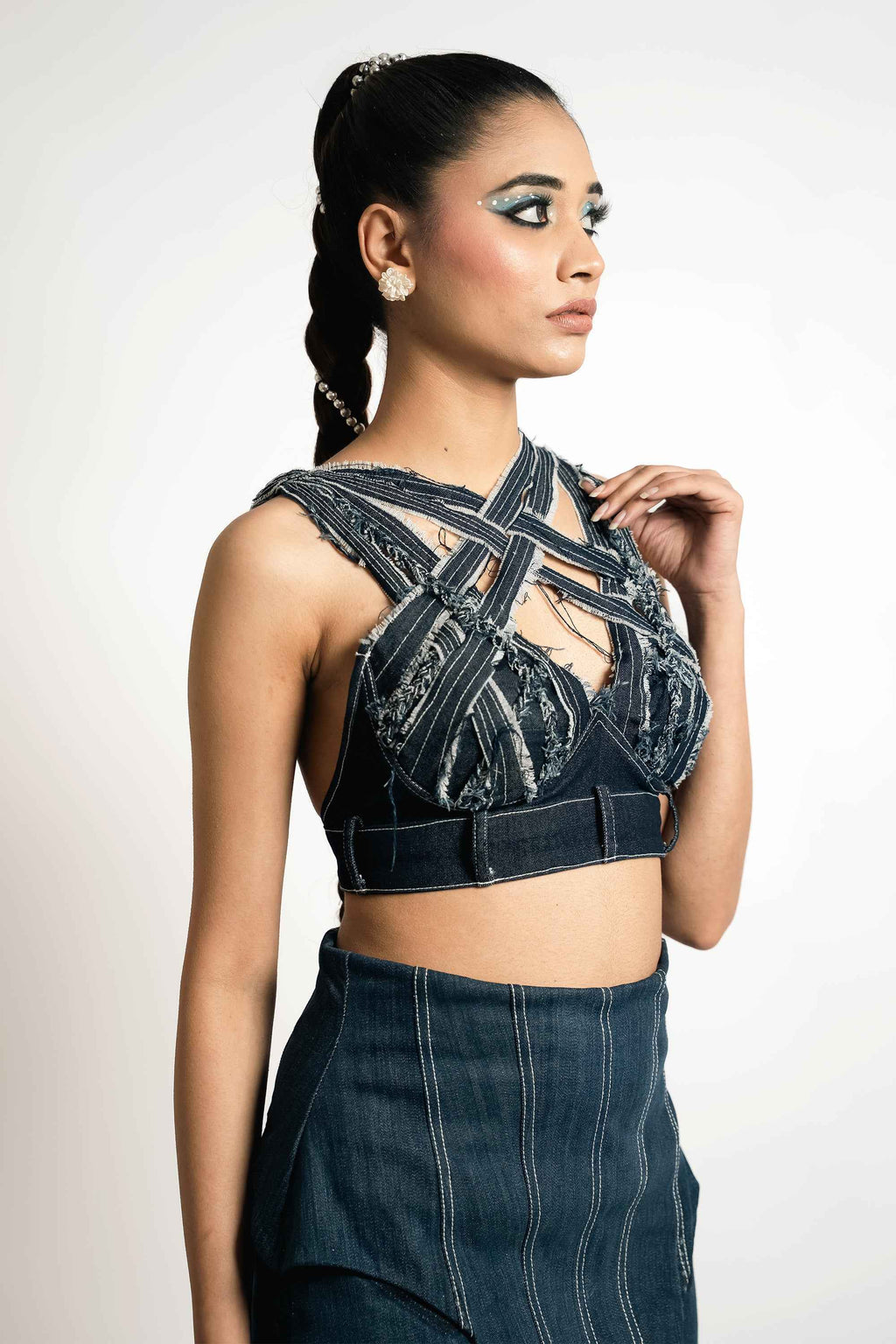 Deconstructed Denim Strap Bralette – Utility Sculpt | VybTheory