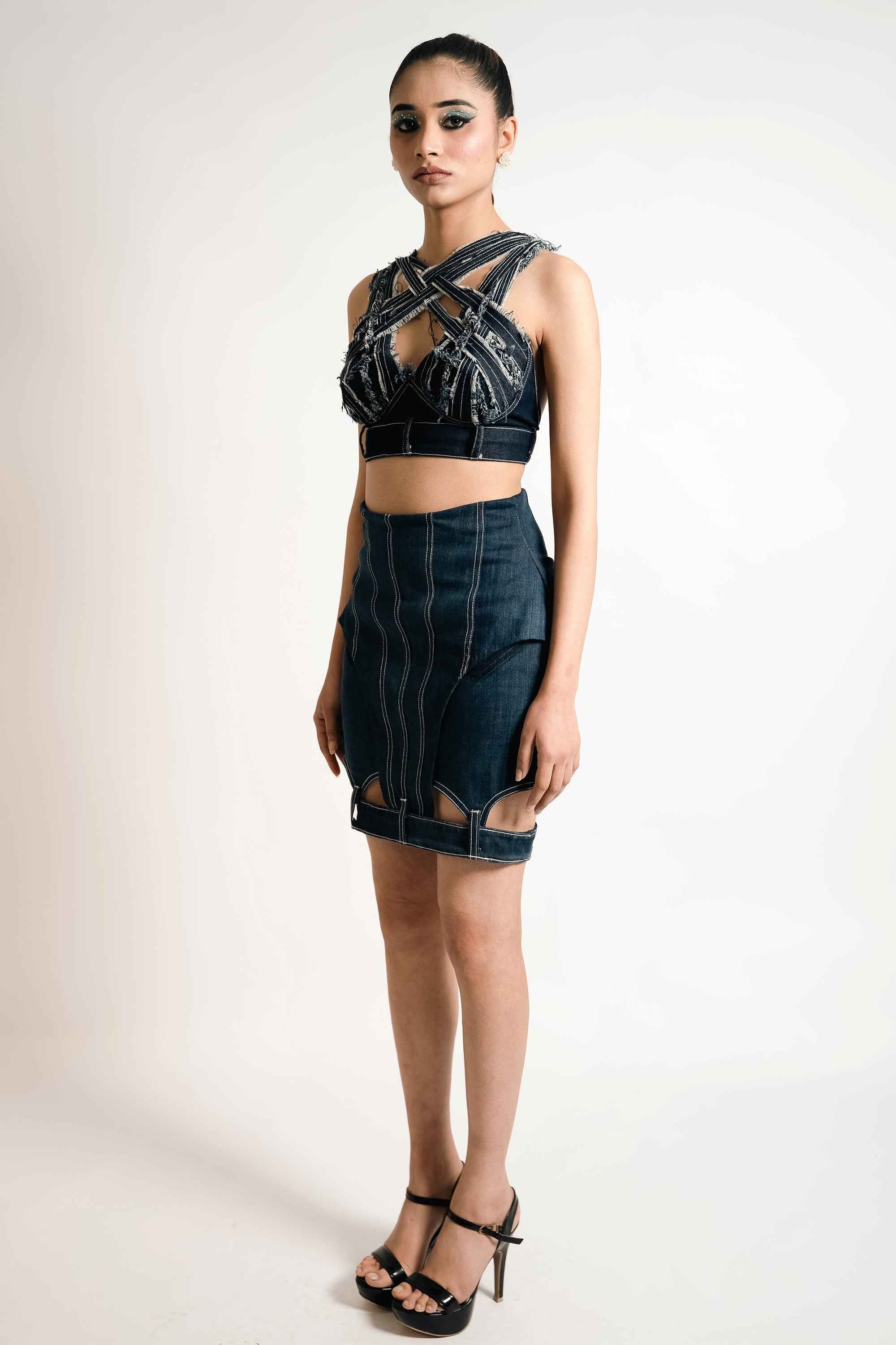 Deconstructed Denim Strap Bralette – Utility Sculpt | VybTheory