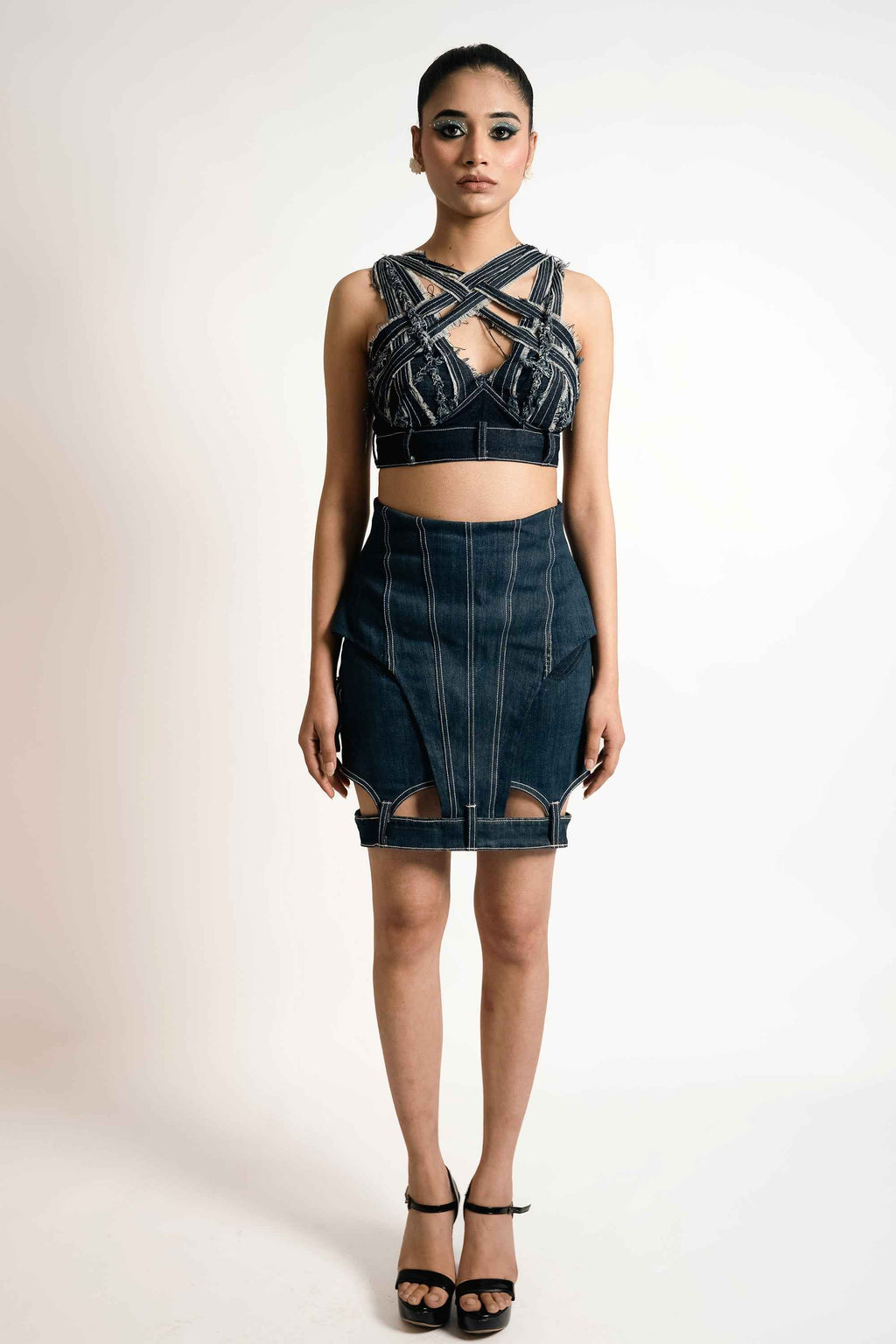 Deconstructed Denim Strap Bralette – Utility Sculpt | VybTheory
