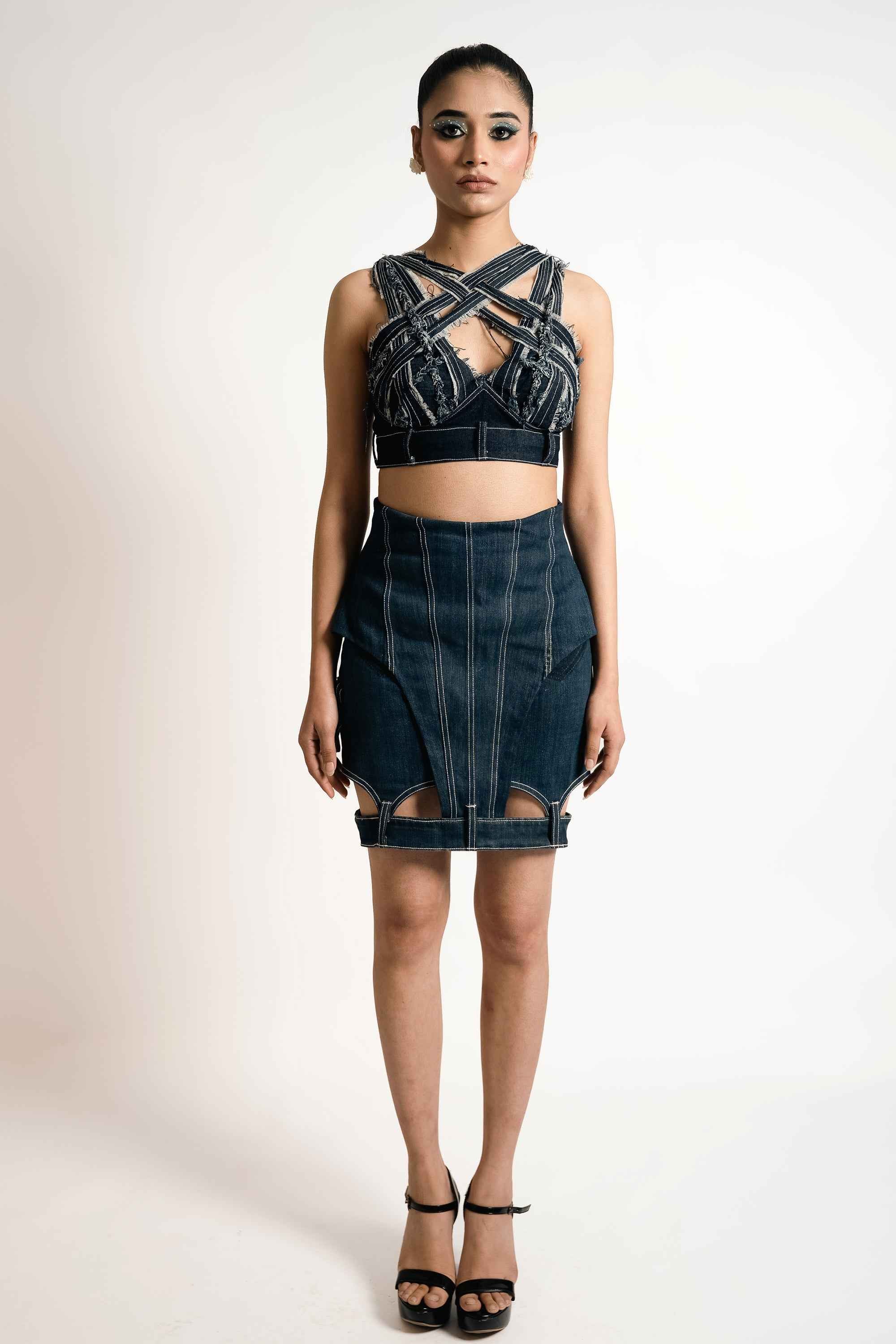 Deconstructed Denim Strap Bralette – Utility Sculpt | VybTheory