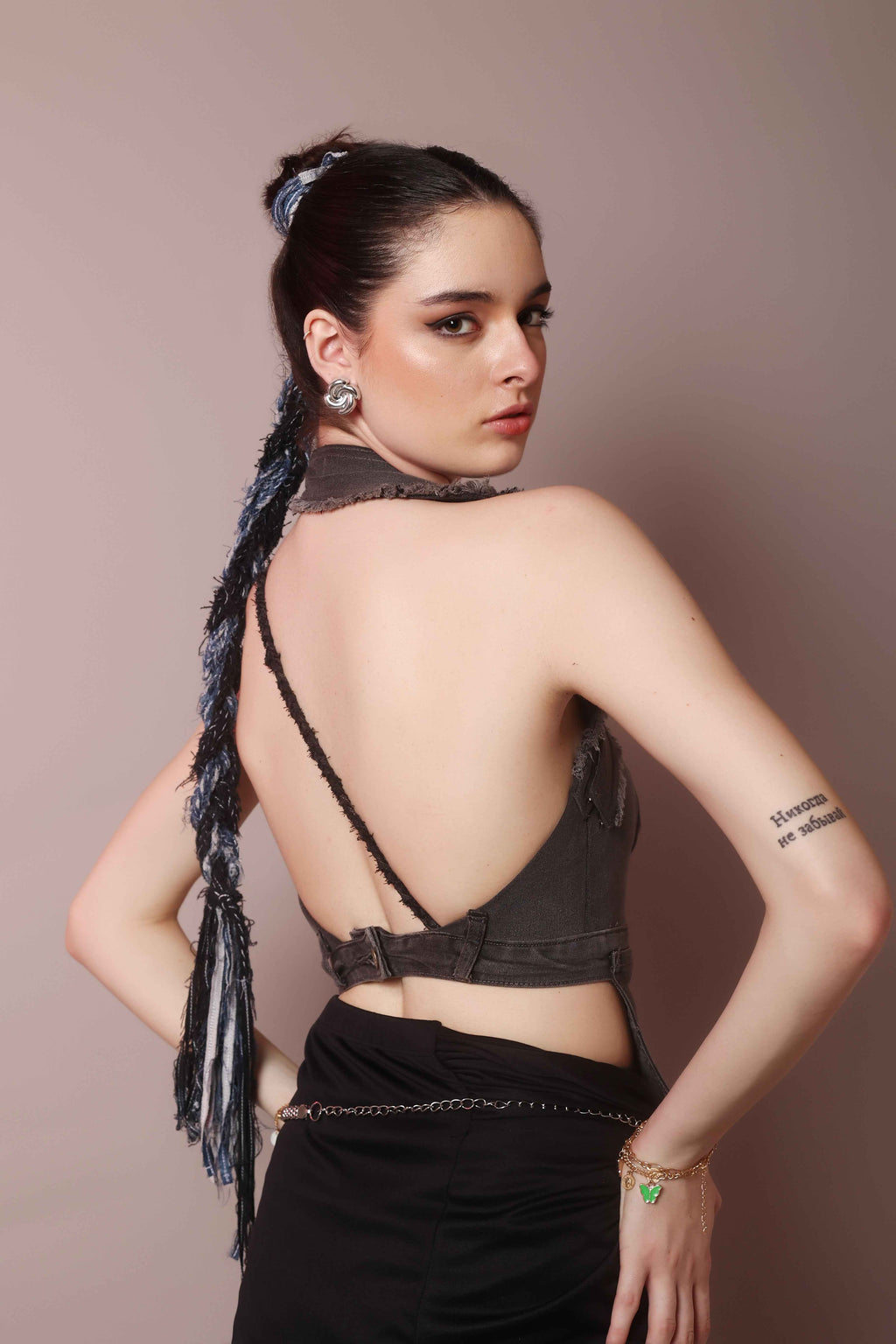 Asymmetric denim halter corset top for women back view