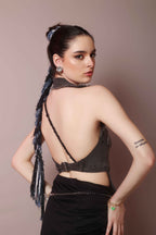Asymmetric denim halter corset top for women back view