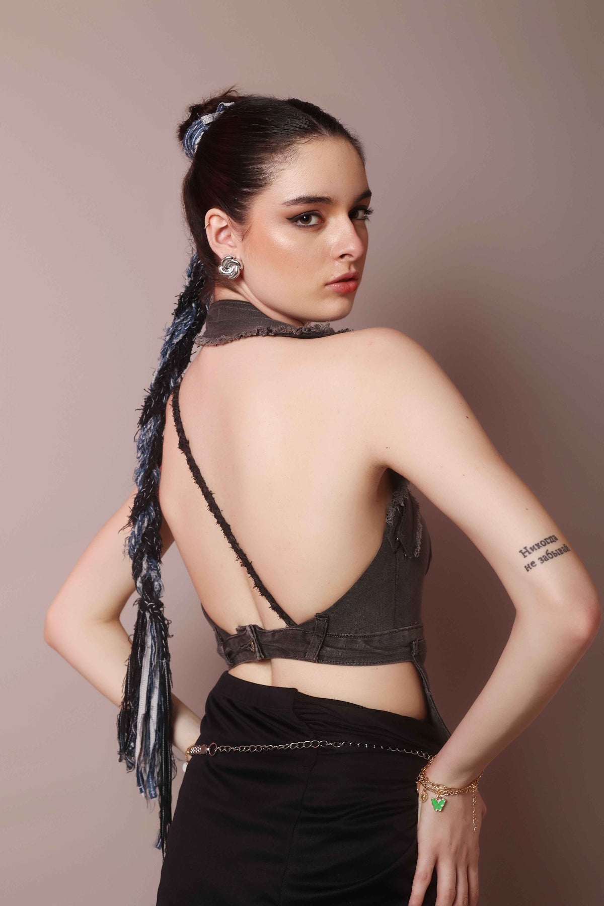 Asymmetric denim halter corset top for women back view