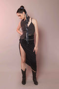 Asymmetric denim halter corset top for women front view