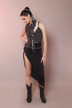 Asymmetric denim halter corset top for women front view