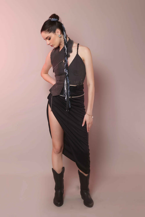 Asymmetric denim halter corset top for women front view