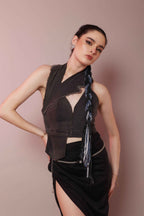 Asymmetric denim halter corset top for women front view