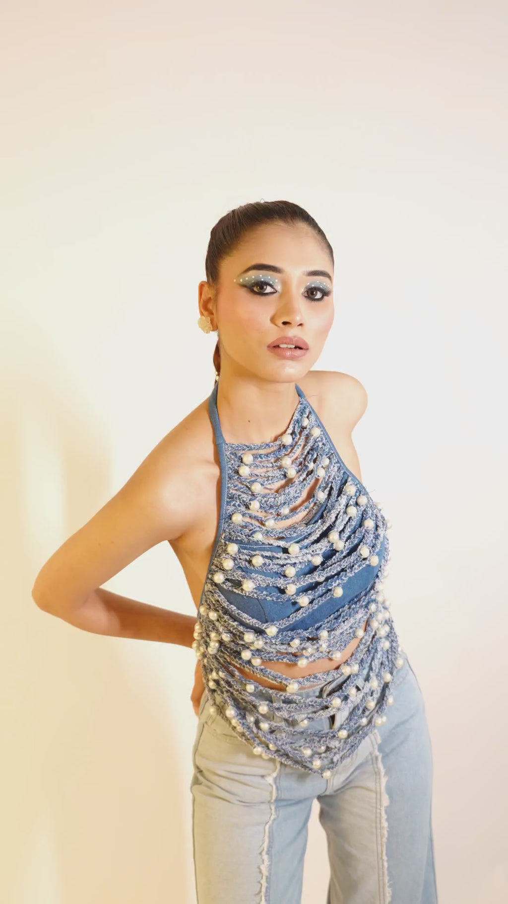 Pearl Braided Denim Halter Top – Sculptural Statement | VybTheory